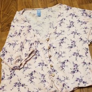 Light pink floral button down tie front blouse